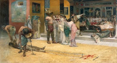 Gladiaattoritaistelu illallisen aikana Pompejissa tekijältä Francesco Netti