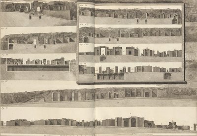 Poikkileikkaukset, jotka esittävät Pom..., 1804, suunnitelmassa esitettyjen rakennusten eri puolia. tekijältä Francesco Piranesi
