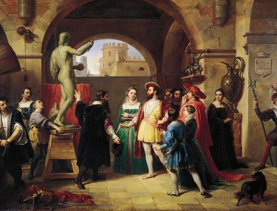 Francesco I (Ranskan kuningas) Benvenuto Cellinin studiossa tekijältä Francesco Podesti