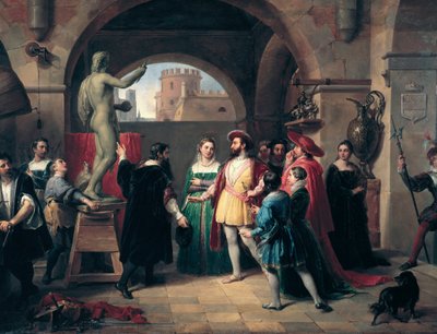 Ranskan kuningas Francois I (1494-1547) vierailee Buenvenuto Cellinin (1500-1571) studiossa Roomassa. Taidemaalari antaa kuninkaalle veistoksen Pyhästä Johannes Evankelista Nimettömästä maalauksesta. Roma, Galleria Nazionale d