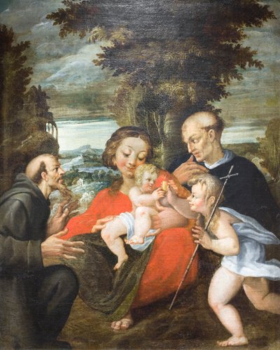 Madonna ja lapsi, Pyhä Johannes, Pyhä Fransiskus ja benediktiinipyhimys (öljy kankaalle) tekijältä Francesco Rondani