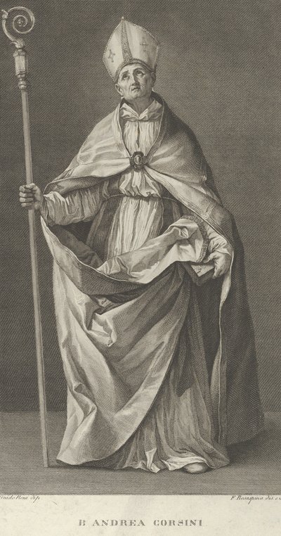 Pyhä Andrea Corsini pukeutunut Fiesolen piispaksi, kädessään ristikko ja näyttää ..., n. 1780-1841. tekijältä Francesco Rosaspina