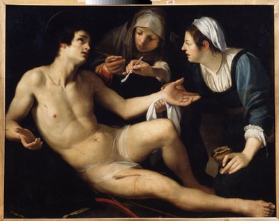 Pyhä Sebastian (Saint Sebastian). Häntä hoitaa hänen haavoistaan ​​nuori leski, Saint Irene. Francesco Rusticin (noin 1575-1626) maalaus. Öljy kankaalle, 119 x 148 cm. Taidetta Sienasta, italialainen manierismi. Valtion taidemuseo, Jekaterinburg. tekijältä Francesco Rustici