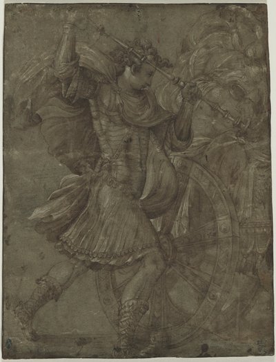 Mies panssarivaunussa vaunun vieressä, n. 1550. tekijältä Francesco de Rossi Salviati Cecchino