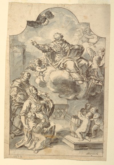 Piirros, Vanhempiensa Barin pyhälle Nikolaukselle esittämä poika, 1700-luvun loppupuoli. tekijältä Francesco Saverio Mergolo
