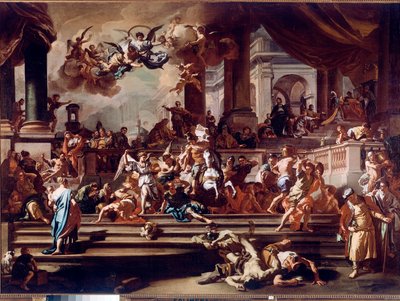 Heliodore (Heliodoros) Enkelien temppelimetsästys Francesco Solimenan maalaus dit l