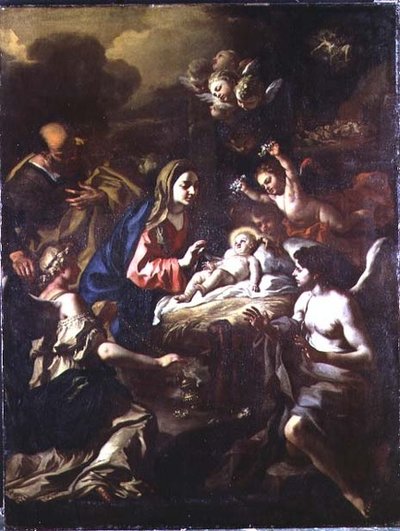 Syntymä ihailevien enkelien kanssa ja paimenten ilmestys tekijältä Francesco Solimena