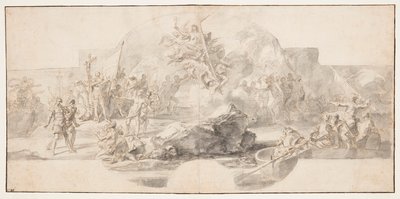 Tutkimus maalausta varten "Kolumbuksen laskeutuminen Amerikassa", Sala del Minor Consiglio, Palazzo Ducale, Genova, Italia tekijältä Francesco Solimena