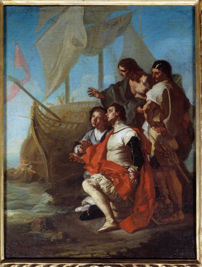 Tutkija Christopher Columbuksen (1451-1506) saapuminen Amerikkaan Francesco Solimenan maalaus dit l