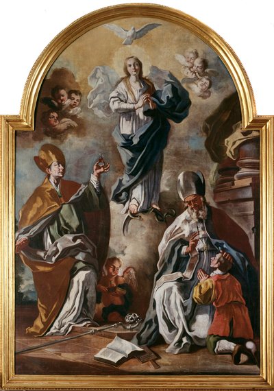 Pyhän Hengen kyyhkynen ilmestyy Neitsyen yläpuolelle pyhien kanssa (öljy kankaalle tekijältä Francesco Solimena