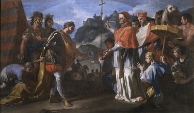Longobardien kuninkaan Ratchisin ja paavi Sakariaan tapaaminen Perugian piirityksen aikana tekijältä Francesco Solimena