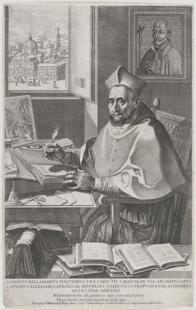 Kardinaali Roberto Bellarmino pöytänsä ääressä, kirjoittaa, 1604. tekijältä Francesco Villamena