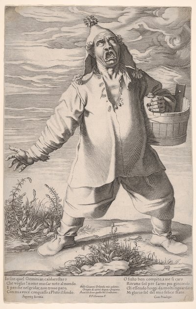 Geminiano Caldarostaro itkemässä ja pitelemässä kylpyammetta, tupsuhattu, n. 1597-1601. tekijältä Francesco Villamena