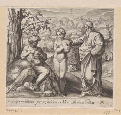 Jumala luo miehen ja naisen Maalauksia Rafaelin loggiassa (sarjan nimi) La Sacra Genesi (sarjan nimi) tekijältä Francesco Villamena