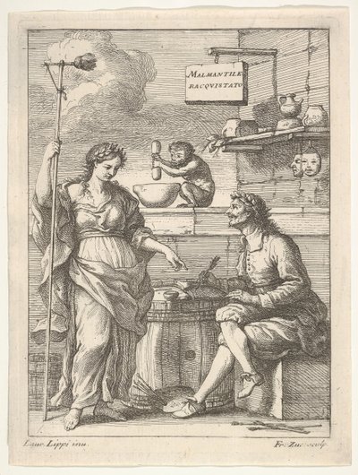 Apina, joka työskentelee huhmareella ja survin, alapuolella Lorenzo Lippi kirjoittaa humoristista ..., n. 1710-64. tekijältä Francesco Zuccarelli