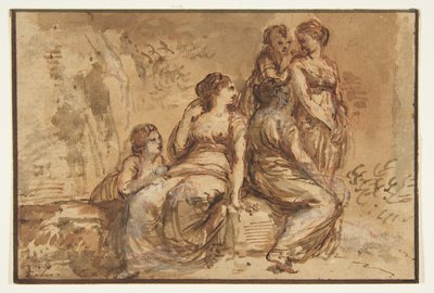 Fünf junge Frauen in einer Landschaft tekijältä Francesco Zuccarelli