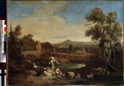 Maisema joen kanssa. Francesco Zuccarellin (1702-1788) maalaus. Öljy kankaalle, 81,5 x 119 cm. 1700-luvun venetsialaista taidetta. Eremitaaši, Pietari. tekijältä Francesco Zuccarelli