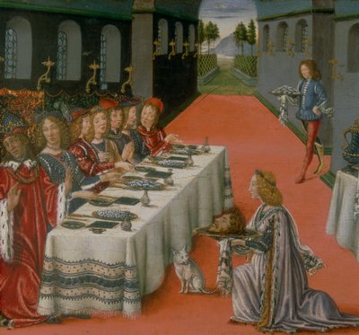 Herodeksen juhlat. Jakso Pyhän Sakramentin tabernaakkelin predellasta tekijältä Francesco and Raffaello 1477 c.1520 Botticini