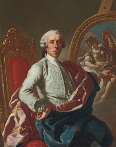 Taiteilijan muotokuva, kolme neljäsosaa, istuva, kynä kädessään, maalausteline, jossa Minervan kuva tekijältä Francesco de Mura
