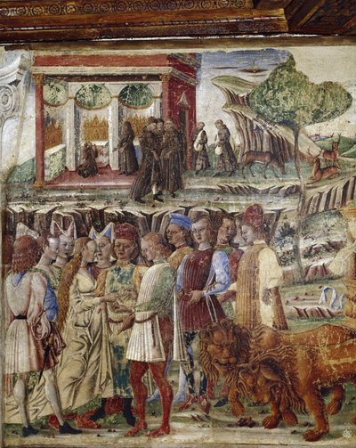 Allegoria heinäkuusta, yksityiskohta Jupiterin voitosta, hääkohtauksen yksityiskohta - Francesco del Cossan fresko (n. 1436-vers 1478) Ferrara (Ferrara) Palazzo Schifanoia, Salone dei Mesi tekijältä Francesco del Cossa