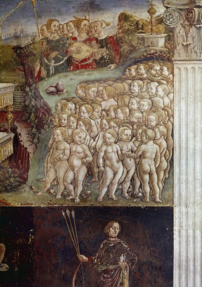 Allegoria toukokuusta, yksityiskohta Apollon voitosta, alastomista lapsista ja yhdeksästä muusasta Francesco del Cossan (n. 1436-noin 1478) freskon yksityiskohta Ferrara (Ferrara) Palazzo Schifanoia, Salone dei Mesi tekijältä Francesco del Cossa
