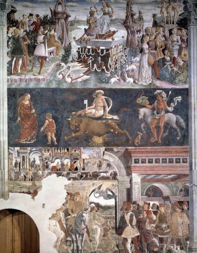 Huhtikuu. Yläosa: Venuksen voitto (Aphrodite) kolmen armon ja pariskuntien kanssa suutelemassa. Keskellä: härän horoskooppimerkki. Alla: Borso d