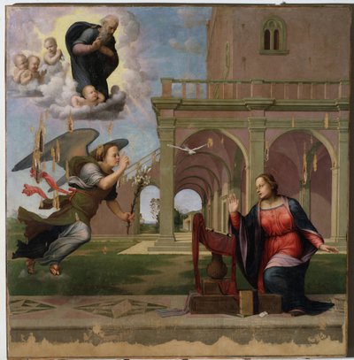 Ilmoitus - öljy puulle tekijältä Francesco di Cristofano Franciabigio