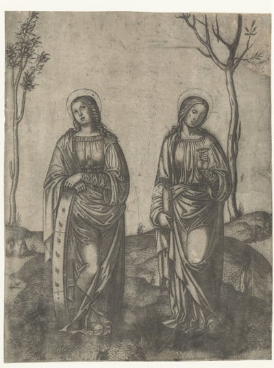 Pyhät Katariina rikkinäisen pyörän kanssa ja Lucia silmät astiassa tekijältä Francesco di Francia (attributed to)