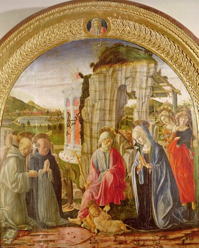Pyhän Ambroseen ja St. Bernardin lapsen palvonta (öljy paneelissa) tekijältä Francesco di Giorgio Martini