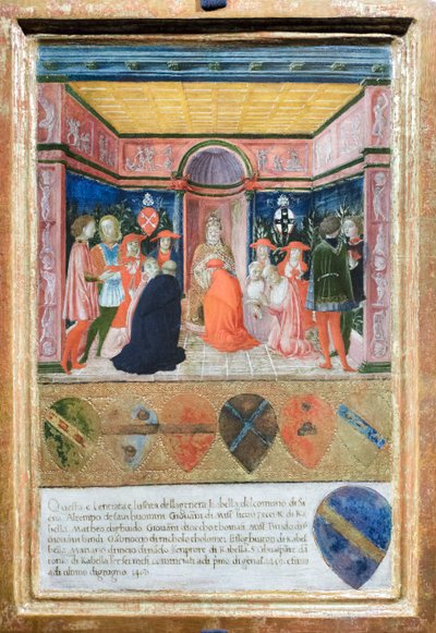 Pius II nimittää veljenpoikansa Francesco Tedeschini Piccolomini kardinaaliksi, n. 1485-90 (tempera ja kulta paneelille). tekijältä Francesco di Giorgio Martini