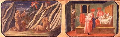 (LtoR) Pyhä Franciscus Assisilainen vastaanottamassa stigmat, SS. Cosmas ja Damian parantavat sairaan miehen; kopiot alkuperäisistä paneeleista, jotka ovat osa Filippo Lippin Predella to the Madonna and Child Thronned -elokuvaa tekijältä Francesco di Stefano Pesellino