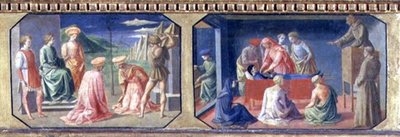 (LtoR) SS:n marttyyrikuolema. Cosmas ja Damian, St. Anthony of Padova löytää Misers Heart; kaksi paneelia Filippo Lipin (n. 1406-69) Madonna ja Child Enthroned predellasta (tempera pannulla) tekijältä Francesco di Stefano Pesellino