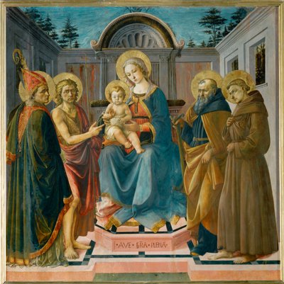 Neitsyt ja lapsi Pyhän Zenobian, Pyhän Johannes Kastajan, Pyhän Antonius Abben ja Pyhän Franciscuksen välissä ... tekijältä Francesco di Stefano Pesellino