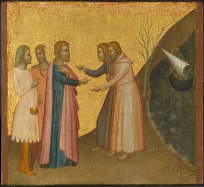 Acteus ja Eugenius pyytävät evankelistaa Pyhää Johannesta palauttamaan rikkautensa, n. 1370-1380 (tempera ja kultalehti paneelissa) tekijältä Francescuccio Ghissi