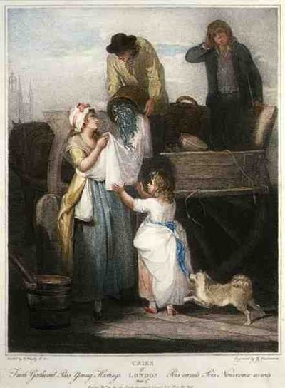"Fresh Gathered Peas Young Hastings", levy 7 "The Cries of London", kaiverrettu Giovanni Vendramini (1769-1839), pub. kirjoittanut Colnaghi & Co. tekijältä Francis (after) Wheatley