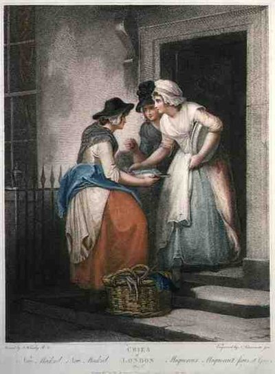 "New Mackrel, New Mackrel", levy 5 "The Cries of London", kaiverrus Nicolo Schiavonetti (k.1813), pub. kirjoittanut Colnaghi & Co. tekijältä Francis (after) Wheatley