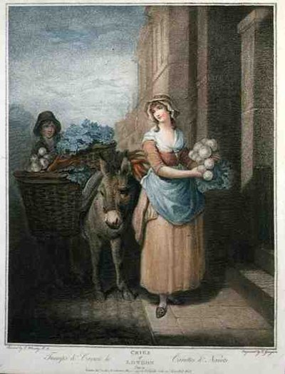 "Turnips and Carrots Ho", "The Cries of London" -julkaisun levy 13, kaiverrus Thomas Gaugain (1748-1812), pub. kirjoittanut Colnaghi & Co. tekijältä Francis (after) Wheatley