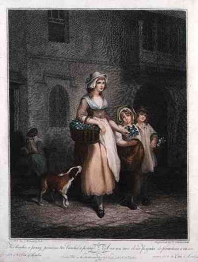 "Two Bunches a Penny, Primroses, Two Bunches a Penny", levy 1 "The Cries of London", kaiverrus Luigi Schiavonetti (1765-1810), pub. kirjoittanut Colnaghi & Co. tekijältä Francis (after) Wheatley