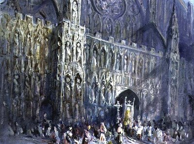 Exeterin katedraalin länsirintama, jossa uskonnollinen kulkue etualalla tekijältä Francis Abel William Taylor Armstrong