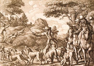 Jäniksen metsästys, kaiverrus Wenceslaus Hollar, 1671 tekijältä Francis Barlow