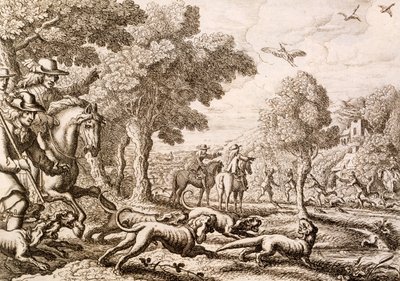 Saukkon metsästys joen rannalla, kaiverrus Wenceslaus Hollar, 1671 tekijältä Francis Barlow