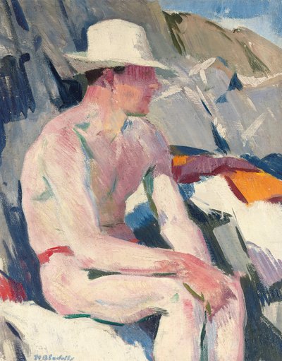 Uimari valkoisessa hatussa (öljy paneelissa) tekijältä Francis Campbell Boileau Cadell