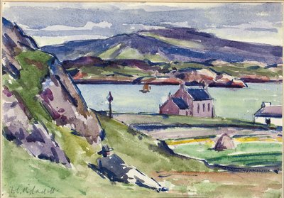 Figuuri ja Kirk, Iona (kynä ja w/c paperilla) tekijältä Francis Campbell Boileau Cadell