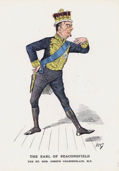 Earl of Beaconsfield, Rt Hon Joseph Chamberlain (väri litho) tekijältä Francis Carruthers Gould