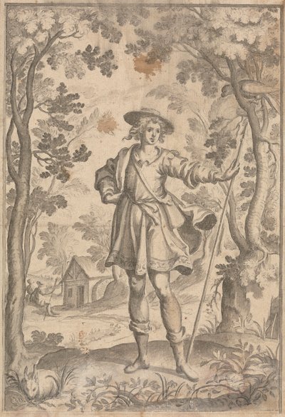Metsästäjä pitelee keihästä metsässä tekijältä Francis Cleyn