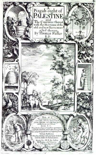 Nimisivu Thomas Fullerin vuonna 1650 julkaistuun teokseen "Pisgah-sight of Palestine" tekijältä Francis Cleyn