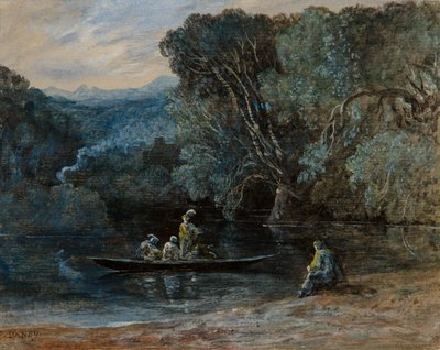 Jokikohtaus veneellä ja hahmoilla, n. 1825 tekijältä Francis Danby
