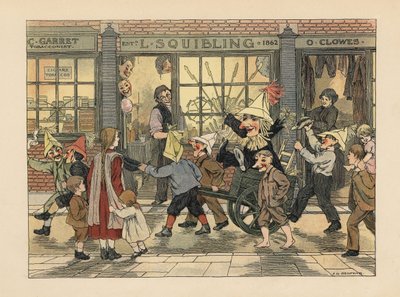 Ilotulituskauppa - Viktoriaaniset lapset vetävät Guyta kärryissä Guy Fawkes -yönä L. Squiblingin ilotulituskaupan edessä. Kromolitografia Francis Donkin Bedfordin kuvituksen mukaan Edward Verrall Lucasin teoksesta The Book of Shops. tekijältä Francis Donkin Bedford