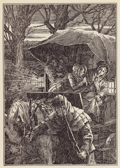Charles Dickensin The Cricket on the Hearth -teoksen kuvitus (värilitografia). tekijältä Francis Donkin Bedford