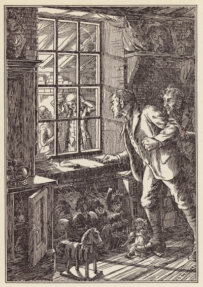 Charles Dickensin The Cricket on the Hearth -teoksen kuvitus (värilitografia). tekijältä Francis Donkin Bedford